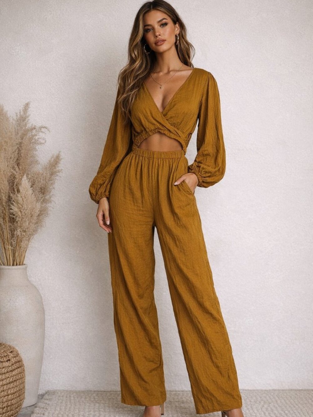Lush Jumpsuit Cutout Wide Leg Long Sleeve Open Front Medium